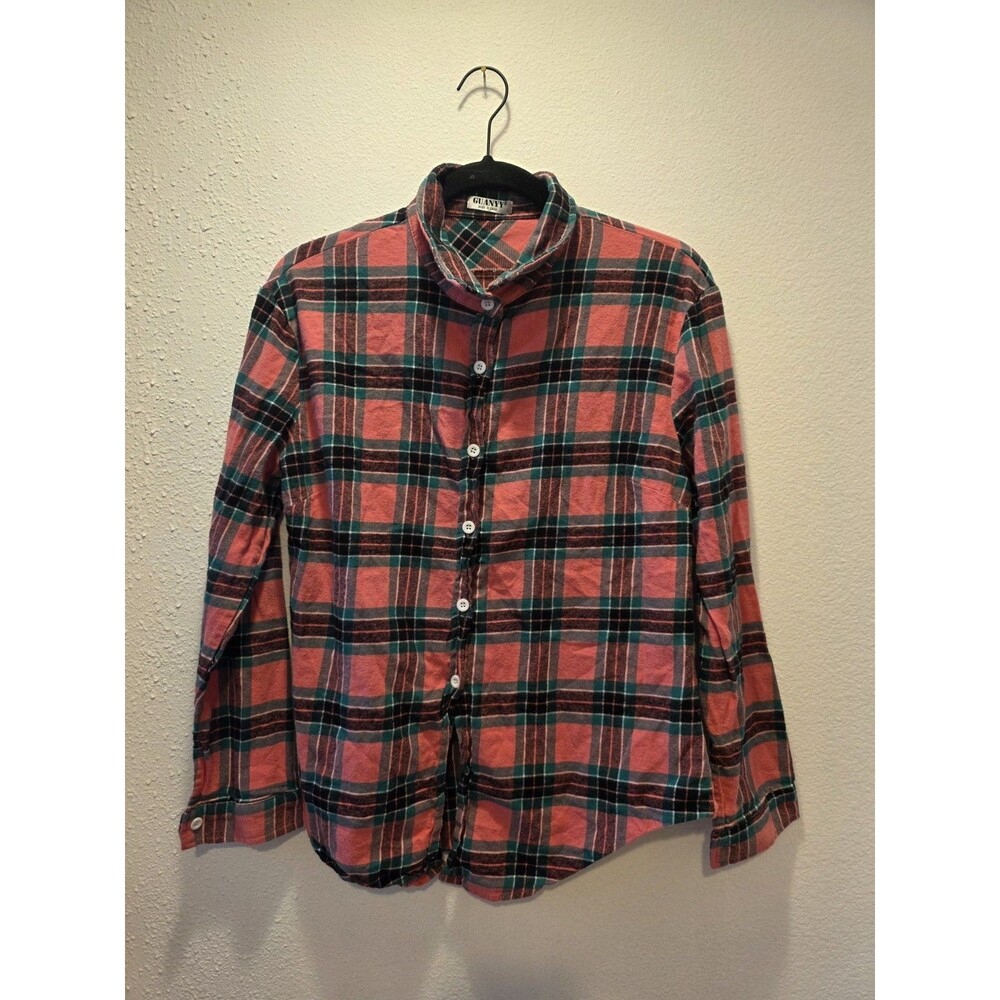 Guanny Women's L Pink Green Plaid Flannel Button Up Long Sleeve Shirt Soft Warm